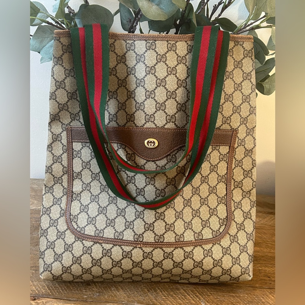 Gucci Beige GG Canvas Tote with Green and Red Web Straps